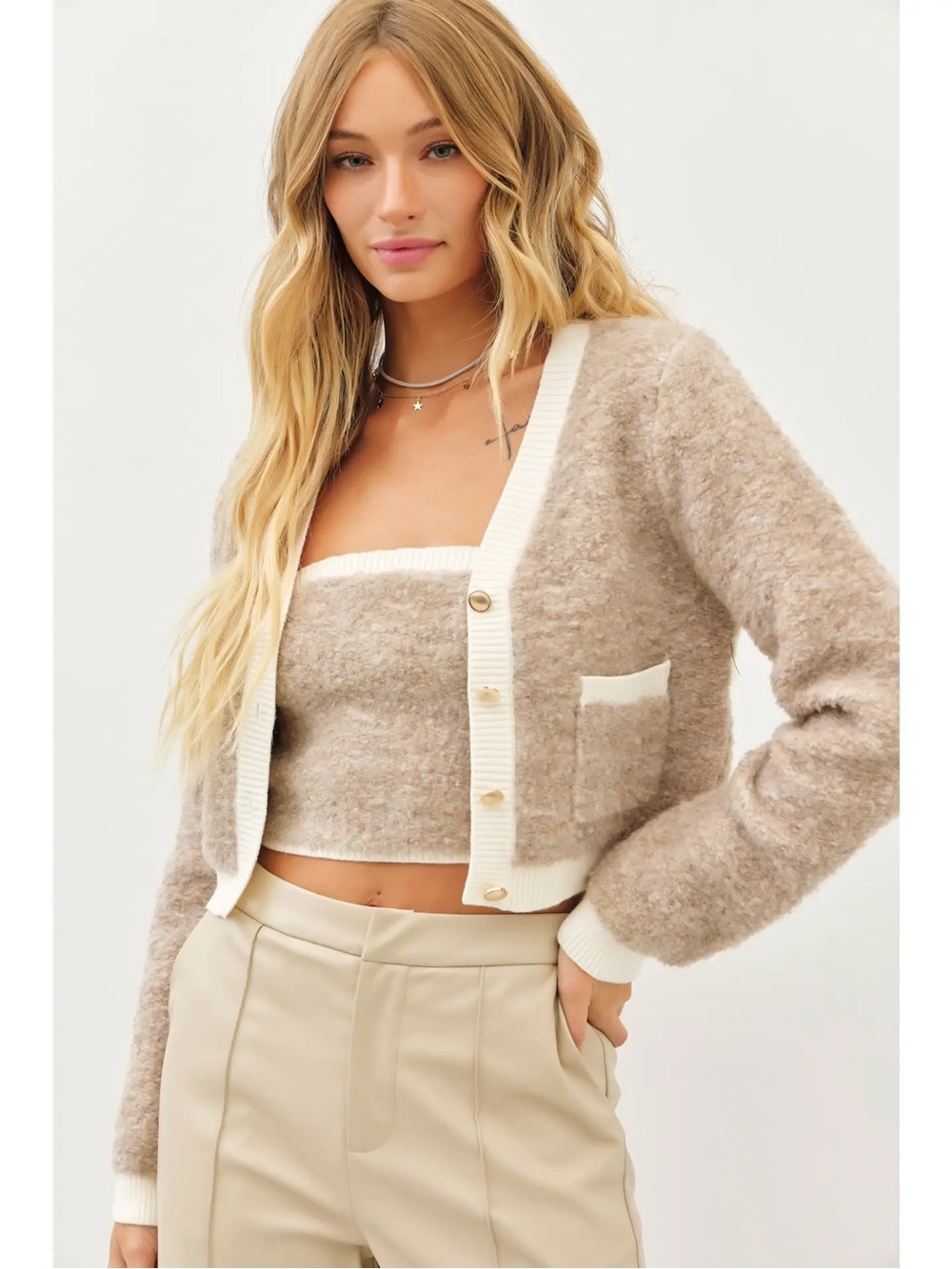 NWT Set - Elegant Wool Blend Fuzzy Tube and Cardigan - Beige